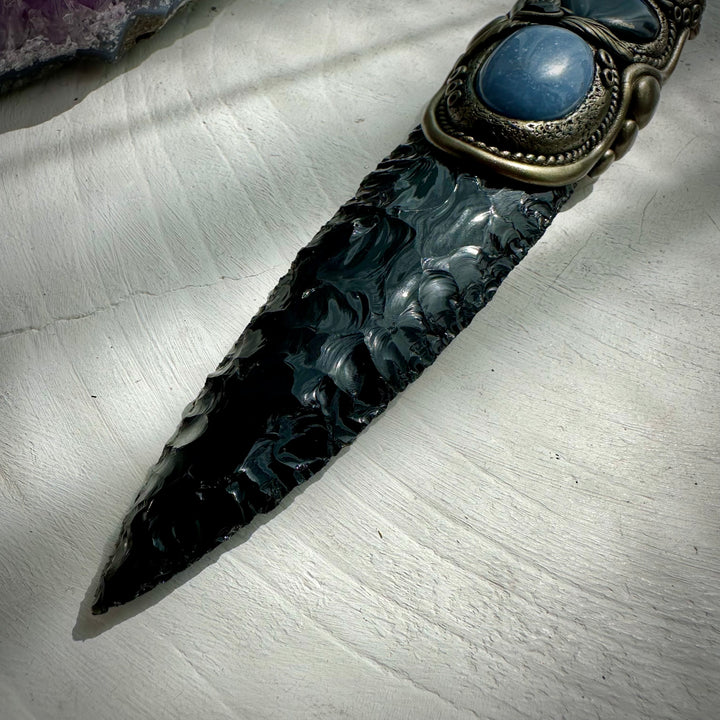 Black Obsidian Arrowhead with Aqua Aura Quartz Labradorite Heart Angelite and Smoky Quartz and Black Onyx Wand - FairyGardenGlow