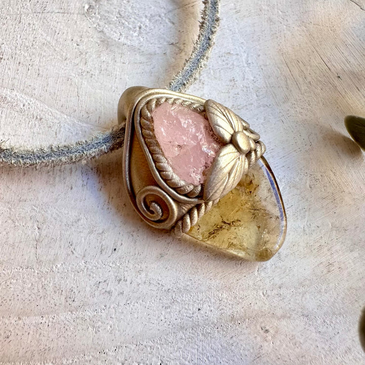 Artisan necklace showcasing warm golden Citrine with beautiful pink Morganite.