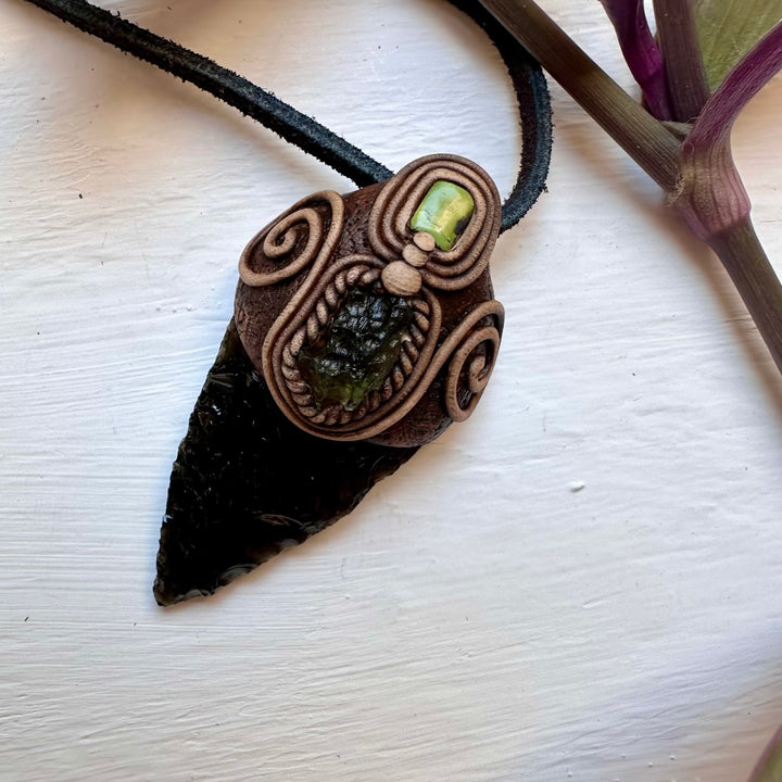 Black Obsidian Arrowhead Moldavite and Tibetan Turquoise Pendant Necklace - FairyGardenGlow