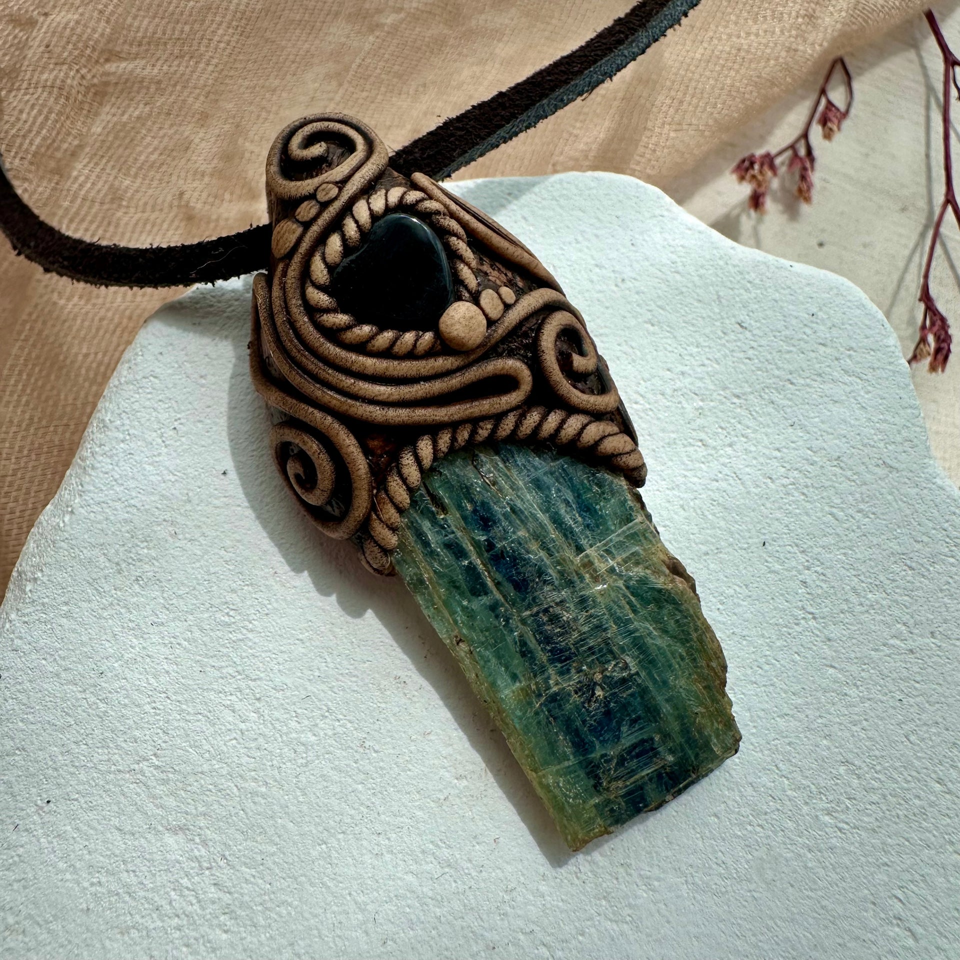 Green Kyanite and Black Onyx Heart Necklace