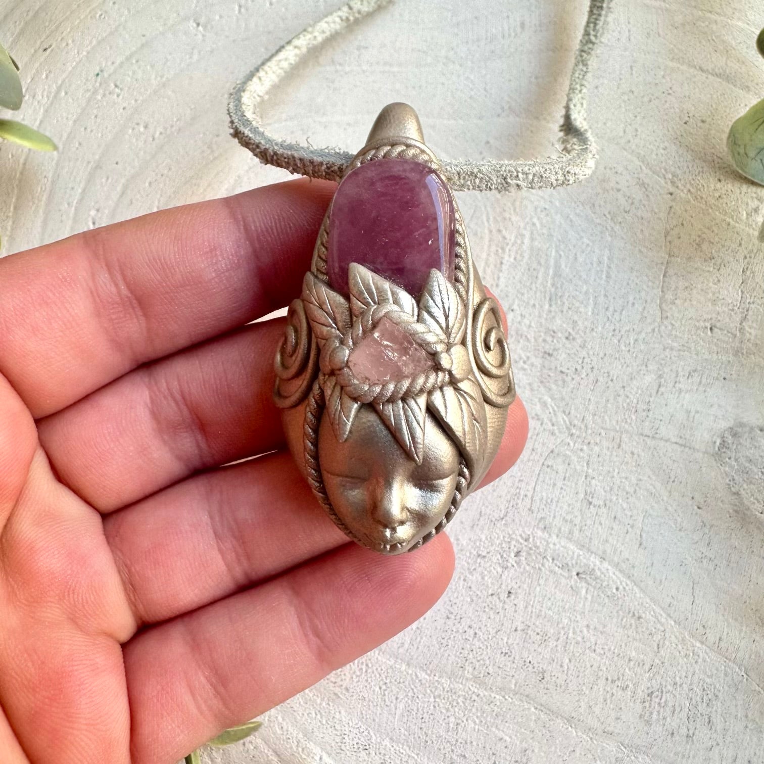 Raw gemstone necklace lavender quartz rose quartz protection amulet