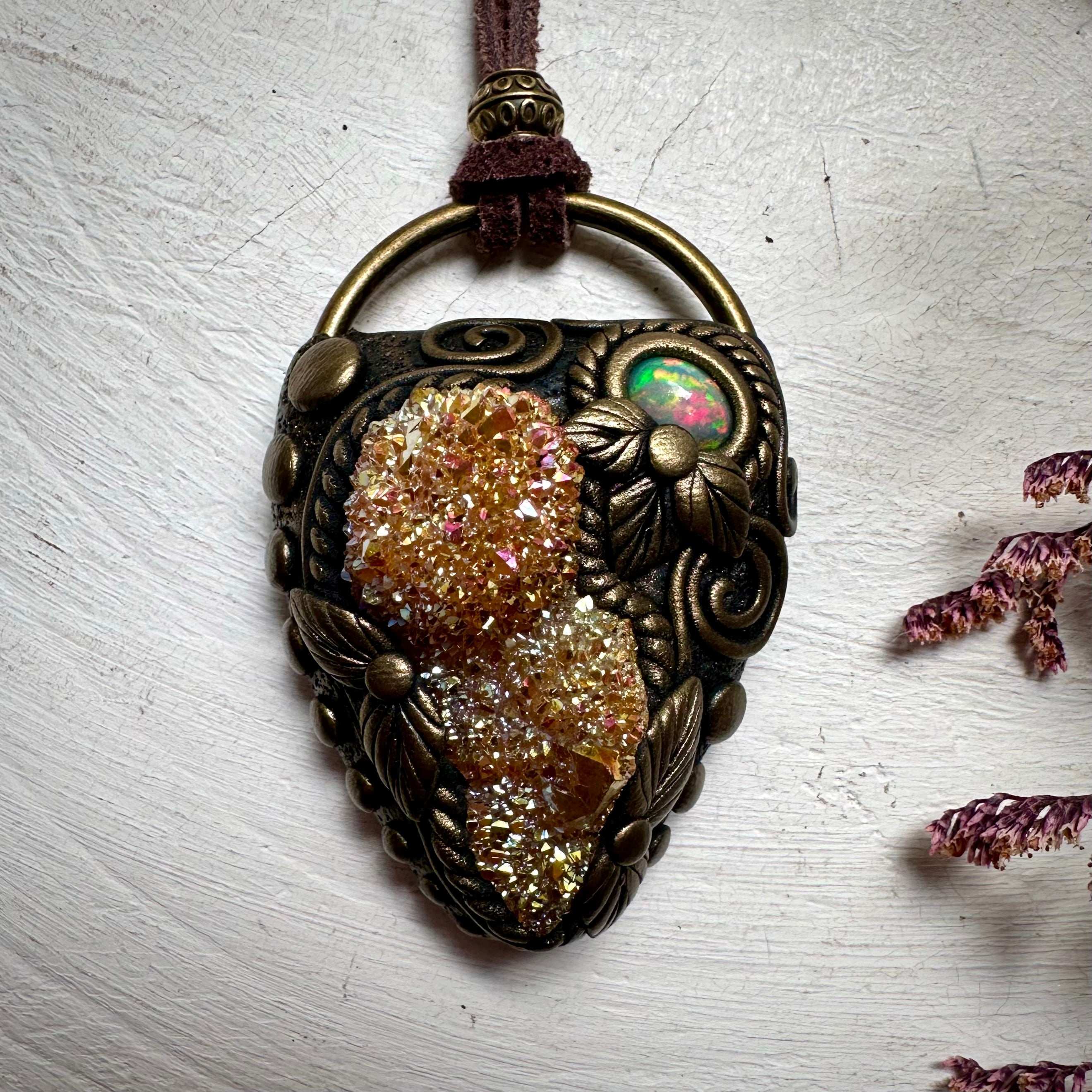 Sunset Aura Spirit Quartz and Ethiopian Opal Necklace - FairyGardenGlow