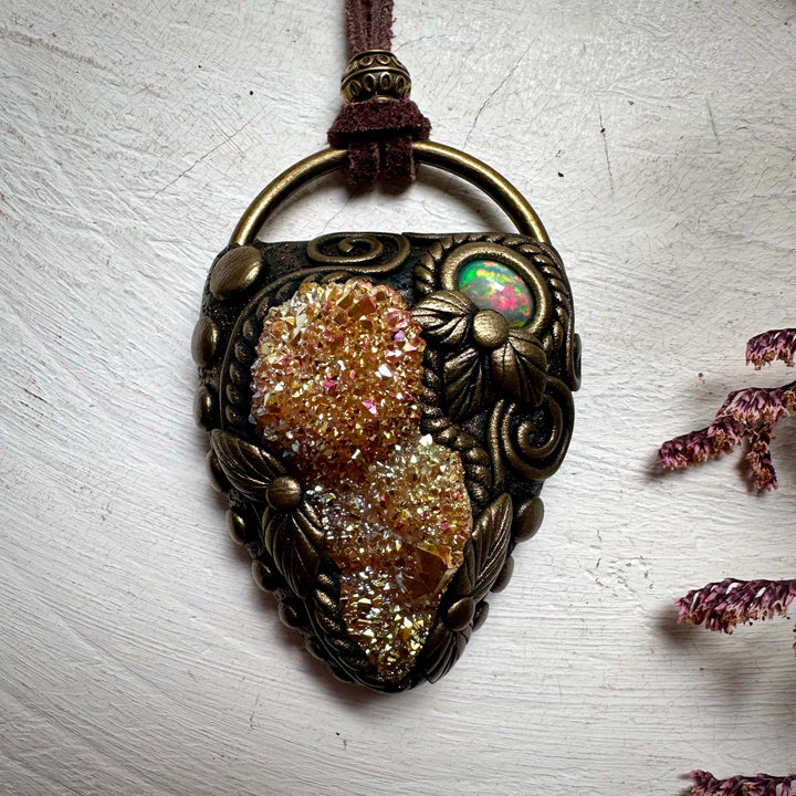 Sunset Aura Spirit Quartz and Ethiopian Opal Necklace - FairyGardenGlow