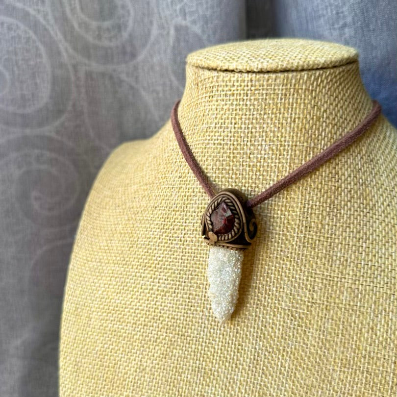 Angel Aura Spirit Quartz and Raw Red Garnet Necklace, Handmade Healing Crystal Pendant