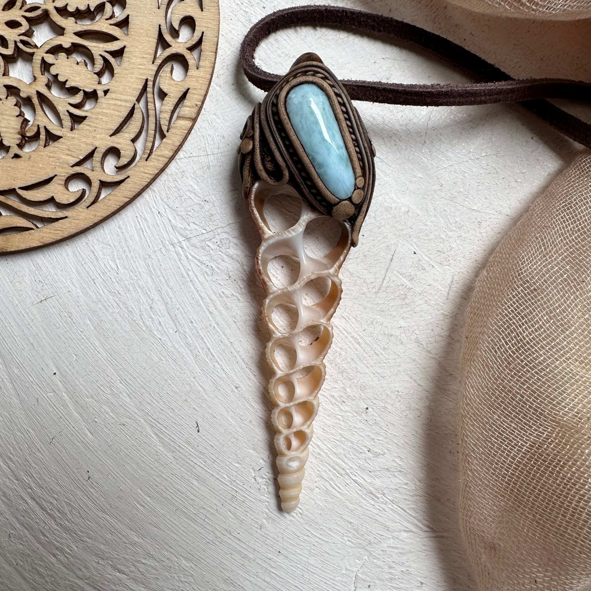 Seashell and Larimar Necklace - FairyGardenGlow