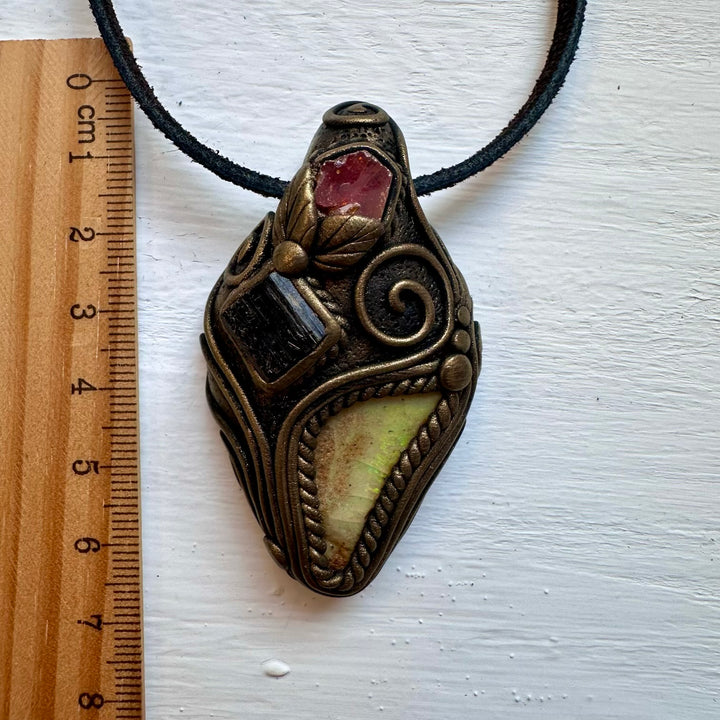 Boulder Opal Black Tourmaline and Vanadinite Pendant Necklace - FairyGardenGlow