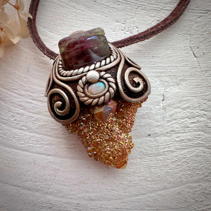 Sunset Aura Spirit Quartz with Bi Color Tourmaline and Australian Opal Necklace - FairyGardenGlow