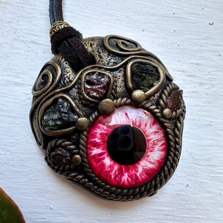 Moldavite and Garnet Eye Necklace - FairyGardenGlow