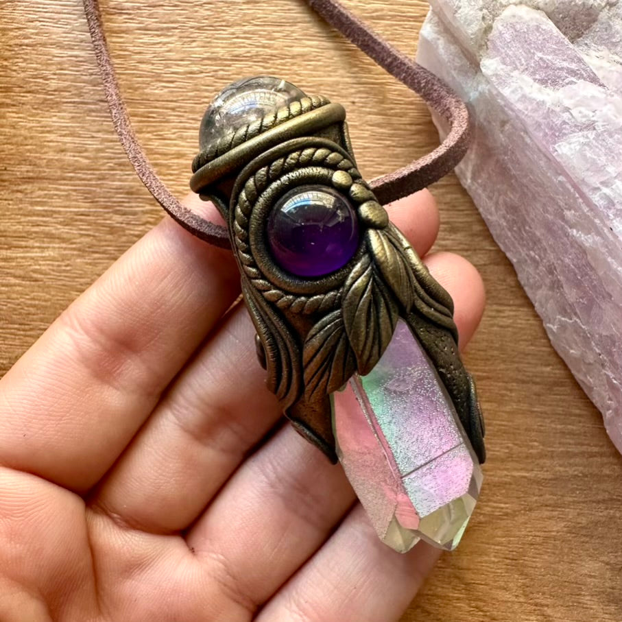 Angel Aura Quartz Clear Quartz Sphere and Amethyst Healing Crystal Talisman / Mini Crystal Wand - FairyGardenGlow