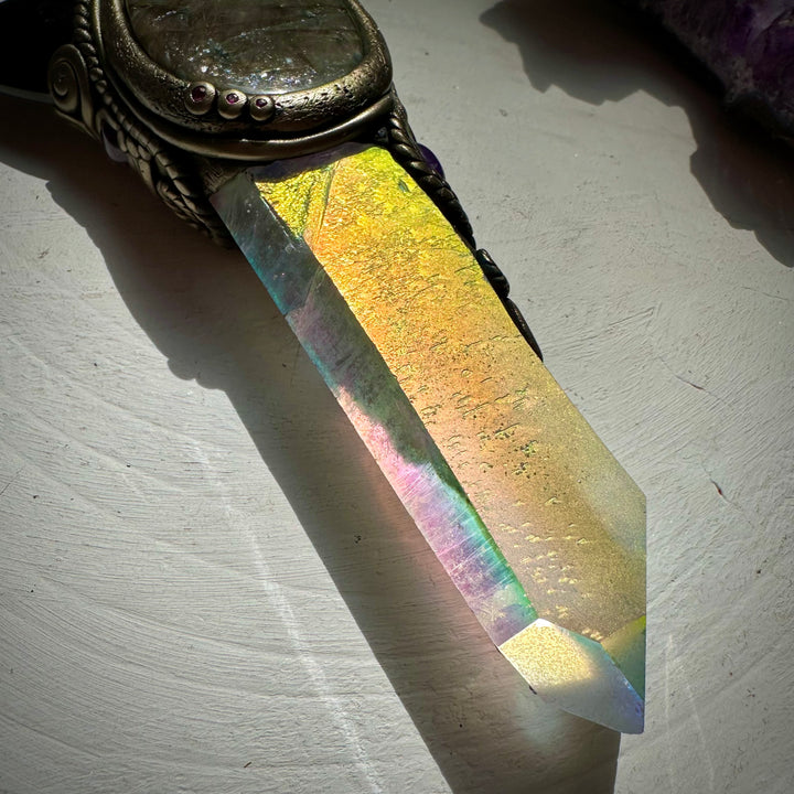 Large Angel Aura Quartz Black Obsidian Moon Labradorite Australian Opal Amethyst and Ruby Wand - FairyGardenGlow