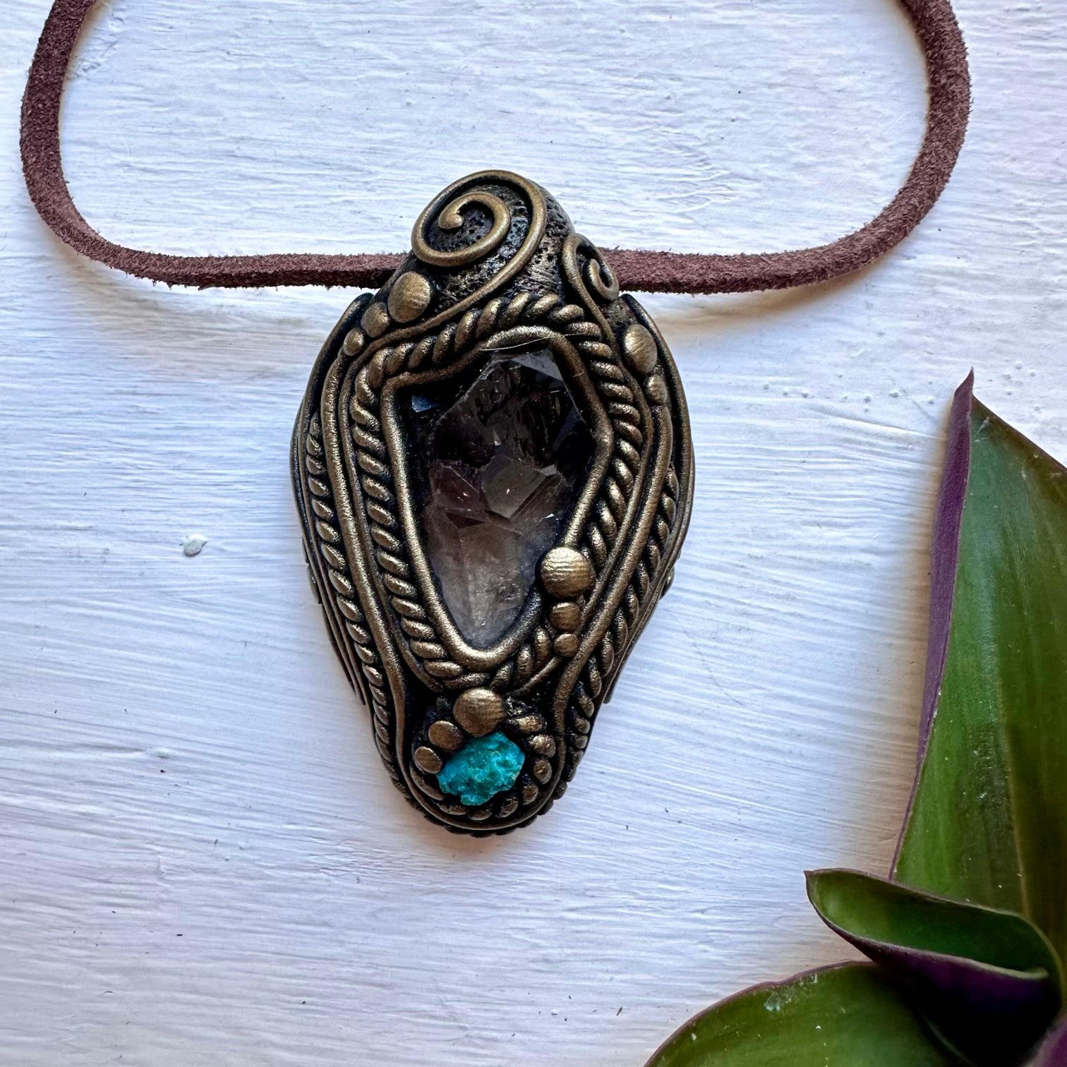 Smoky Quartz Cluster and Raw Chrysocolla Necklace