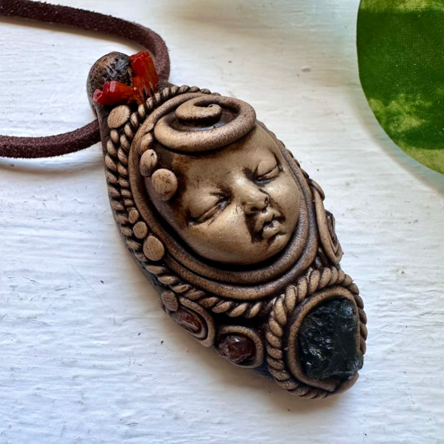 Moldavite Vanadinite and Hessonite Garnet Goddess Necklace - FairyGardenGlow