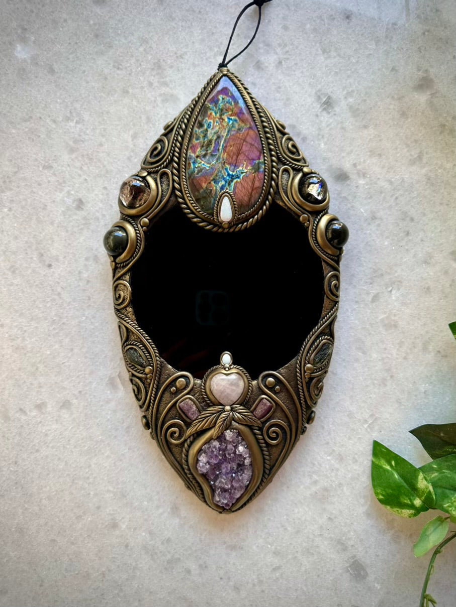 Crystal Wall Hanging - Handmade Unique Crystal Home Decor Art, with Black Obsidian Mirror, Large Purple Labradorite, Rainbow Obsidian, Smoky Quartz, Amethyst Cluster, Rose Quartz Heart, Moldavite, Ruby and Australian Opal
