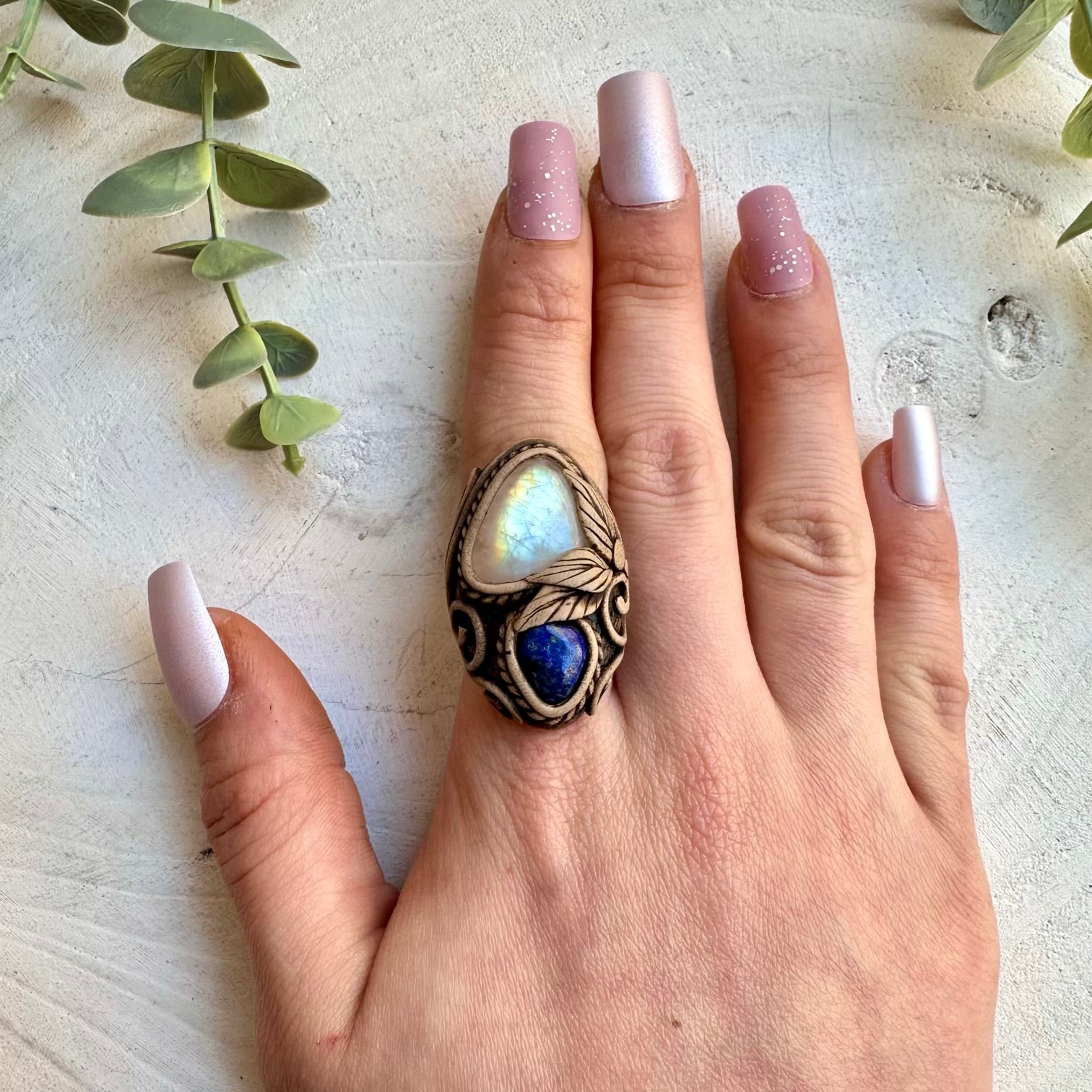 Rainbow Moonstone and Lapis Lazuli Ring