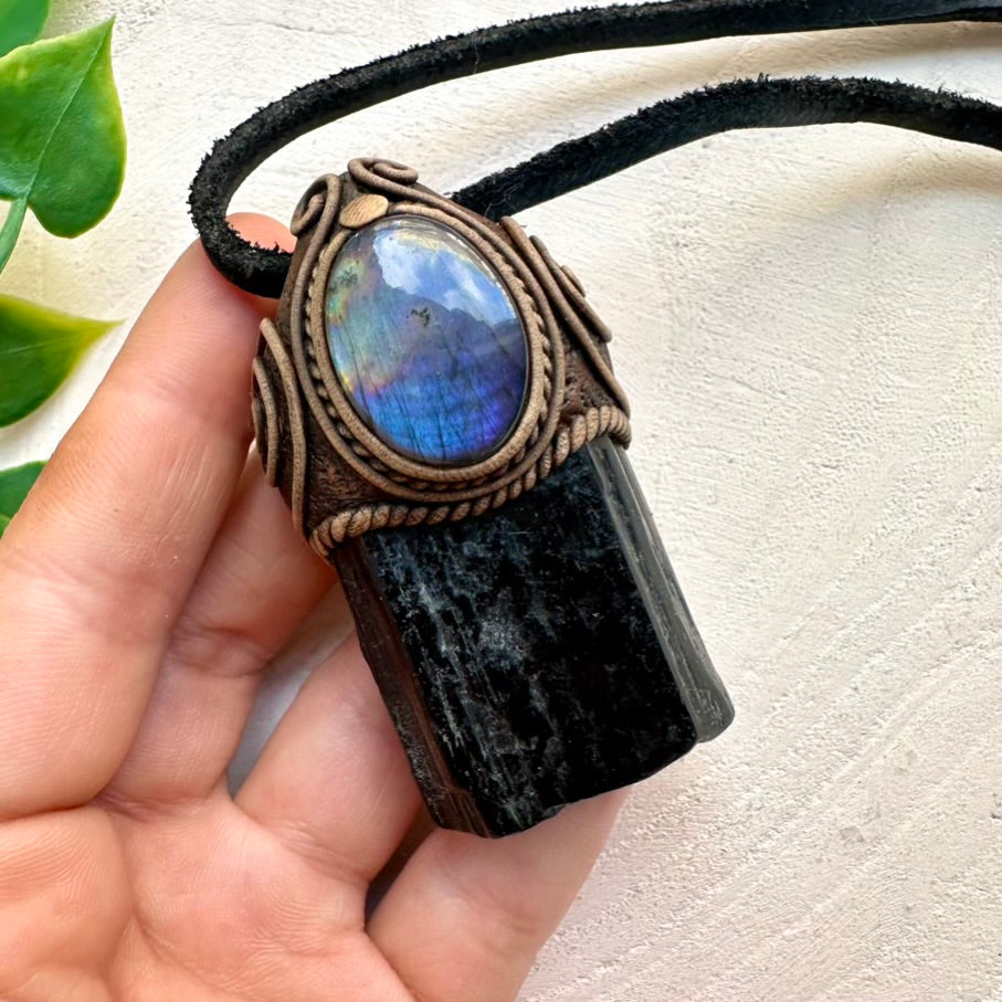 Polished Black Tourmaline and Labradorite Pendant Necklace