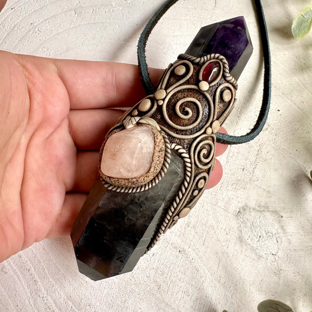 Smoky Quartz with Amethyst Point, Morganite and Rhodolite Garnet Handmade Crystal Wand / Pendant Necklace