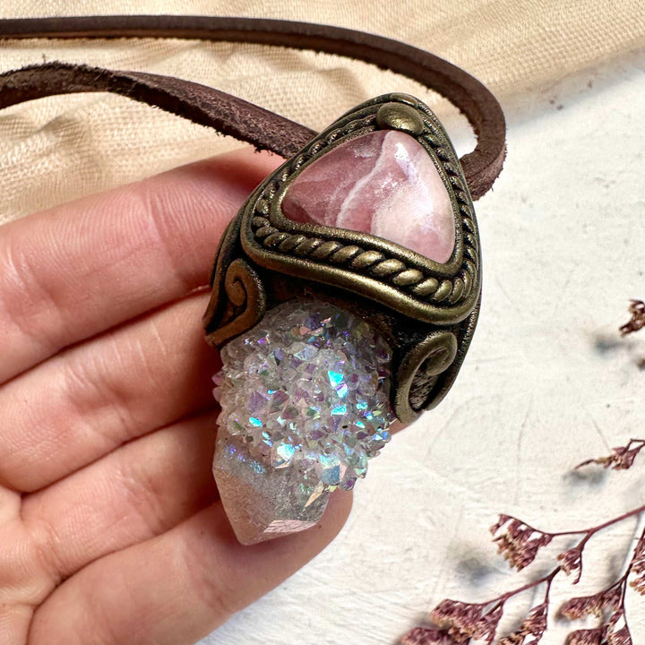 Angel Aura Spirit Quartz and Rhodochrosite Crystal Necklace - FairyGardenGlow