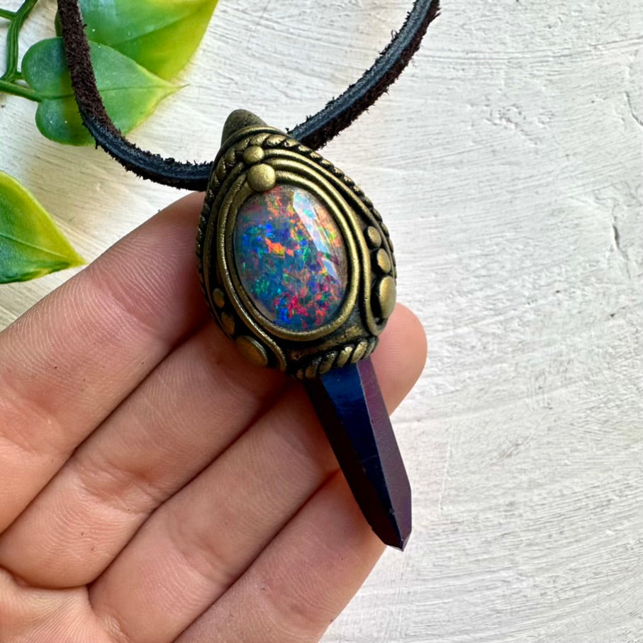 Cobalt Aura Quartz and Australian Black Opal Triplet Pendant Necklace FairyGardenGlow