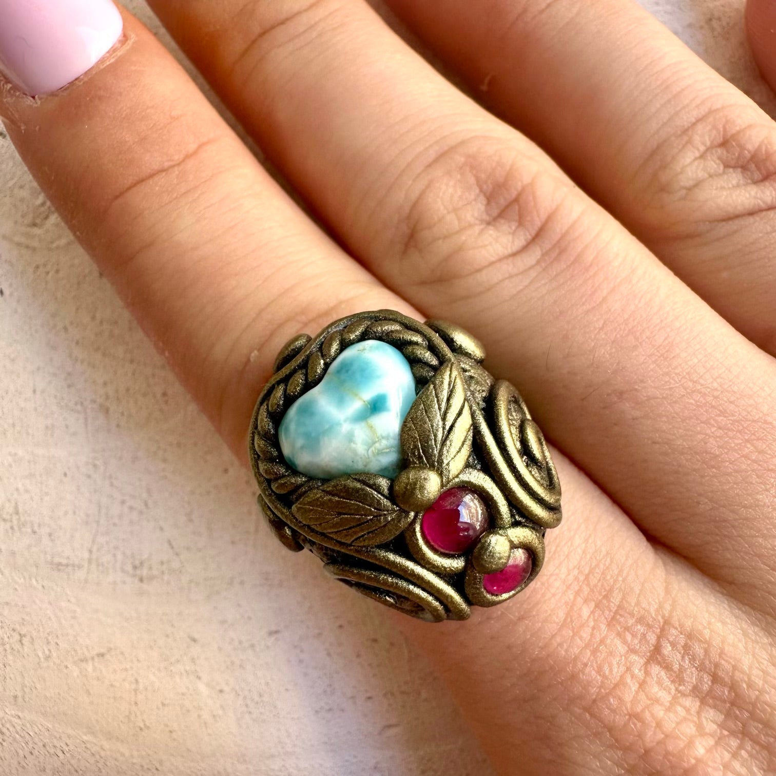Larimar Heart and Rhodolite Garnet Ring