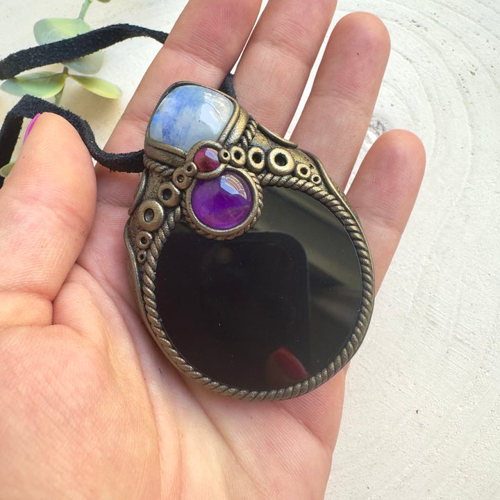 Fantasy inspired crystal necklace with Black Obsidian mirror pendant