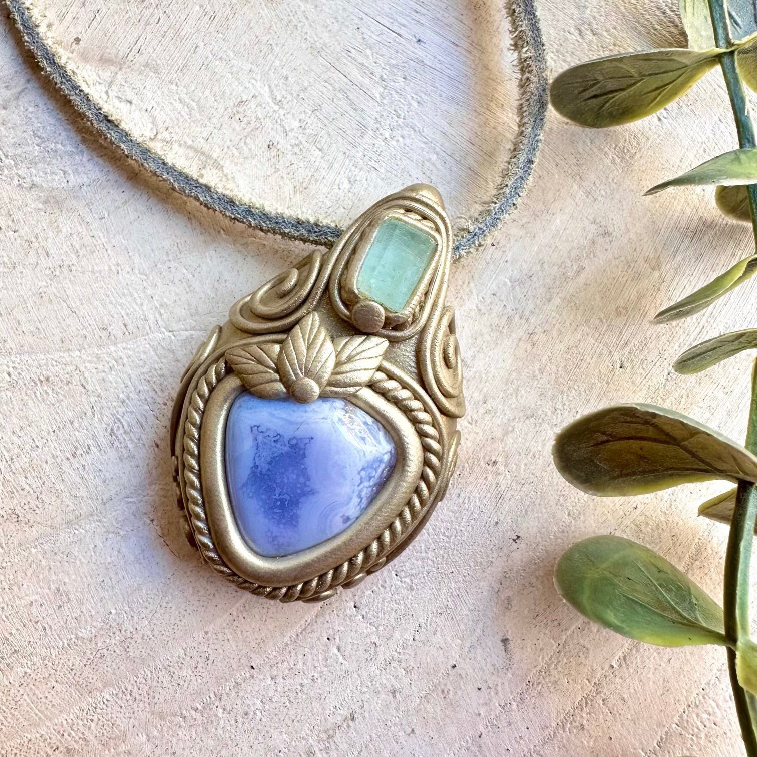 One of a kind gemstone necklace with soft blue Chalcedony and natural Aquamarine.