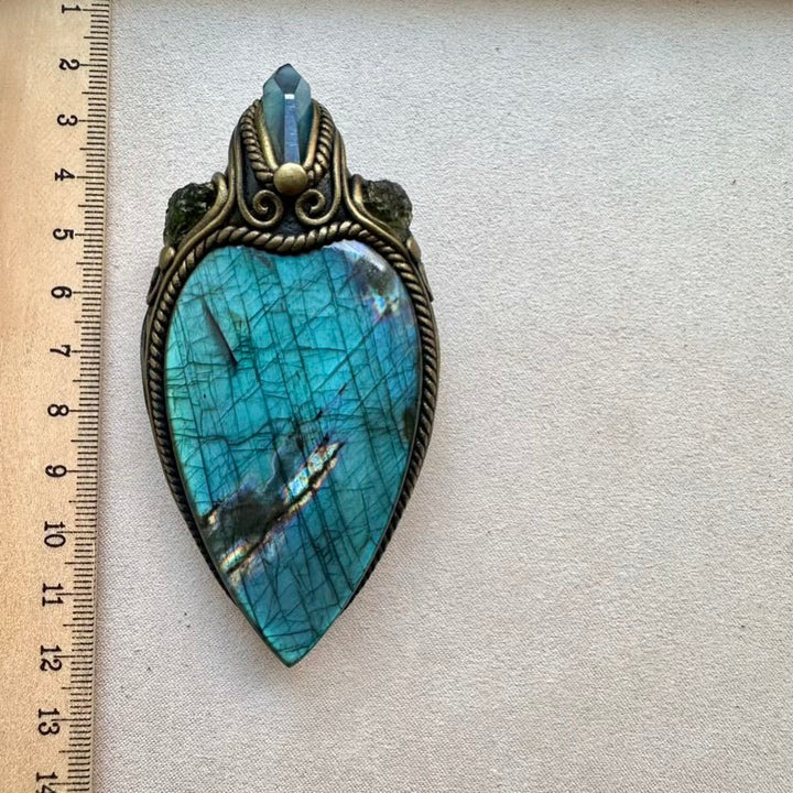 Labradorite Aqua Aura Quartz and Moldavite Crystal Necklace, One of a kind Gemstone Jewelry - FairyGardenGlow