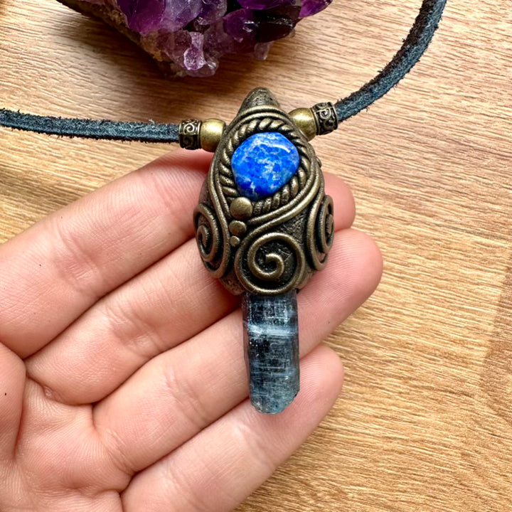 Blue Kyanite and Lapis Lazuli Pendant Necklace, Unisex Handmade Crystal Jewelry - FairyGardenGlow