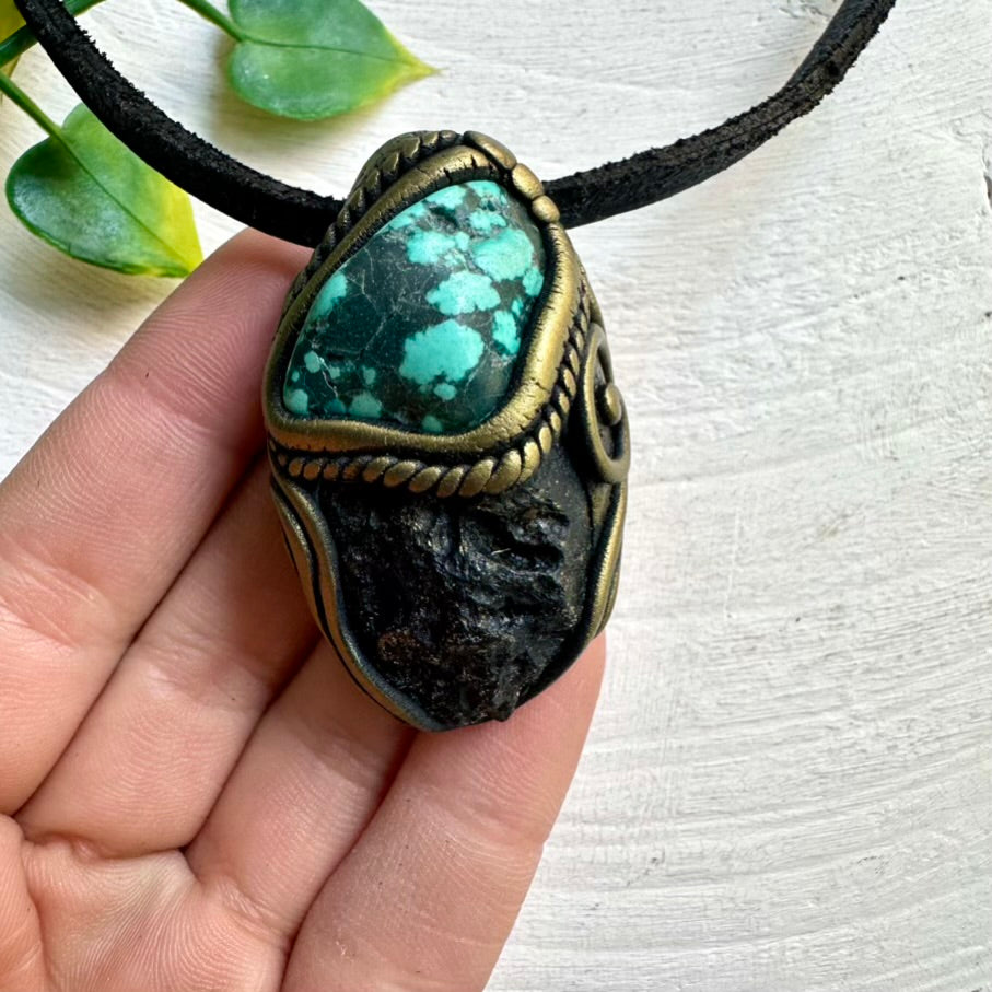 Black Tektite and Turquoise Pendant Necklace – Handmade Gemstone Jewelry for Protection and Calm