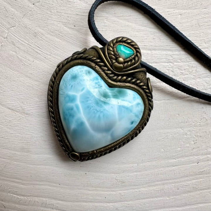 Larimar Heart and Australian Opal Necklace FairyGardenGlow