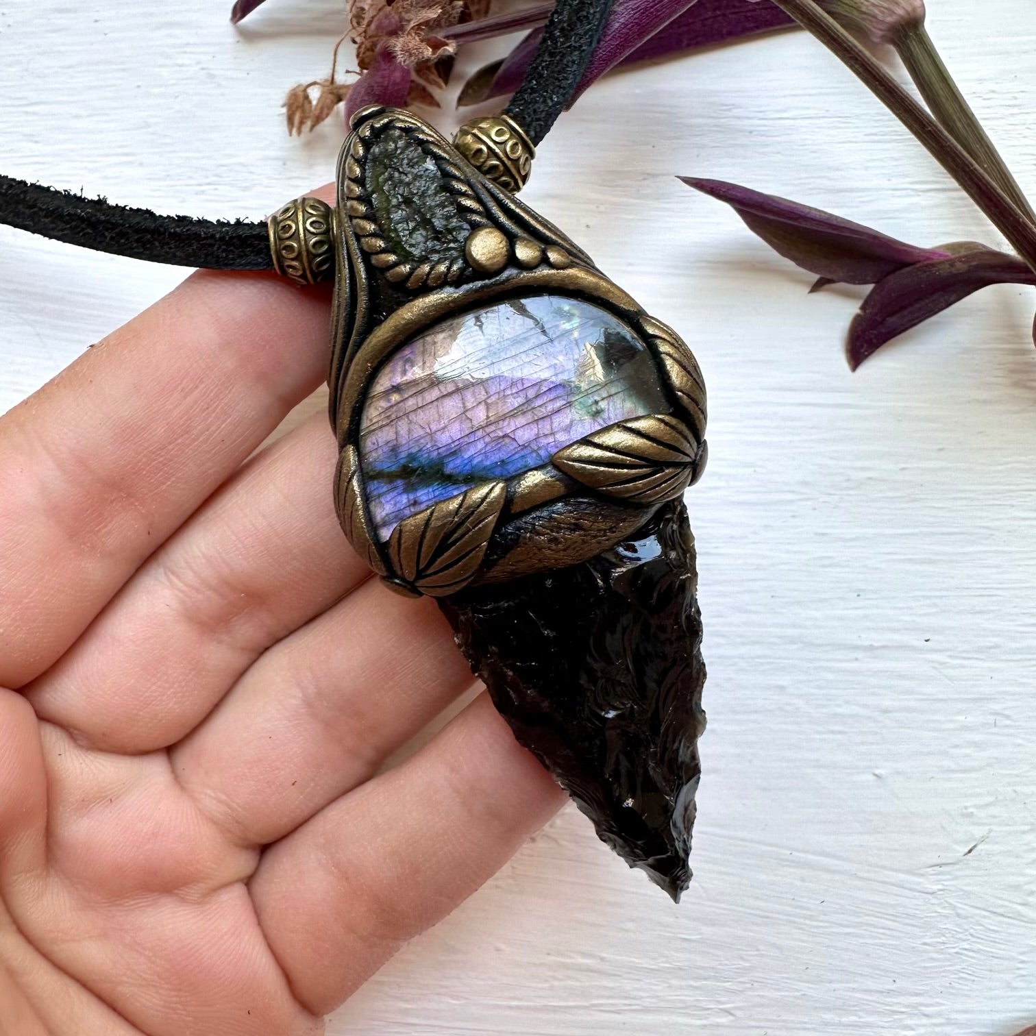 Black Obsidian Arrowhead Moldavite and Labradorite Pendant Necklace - FairyGardenGlow