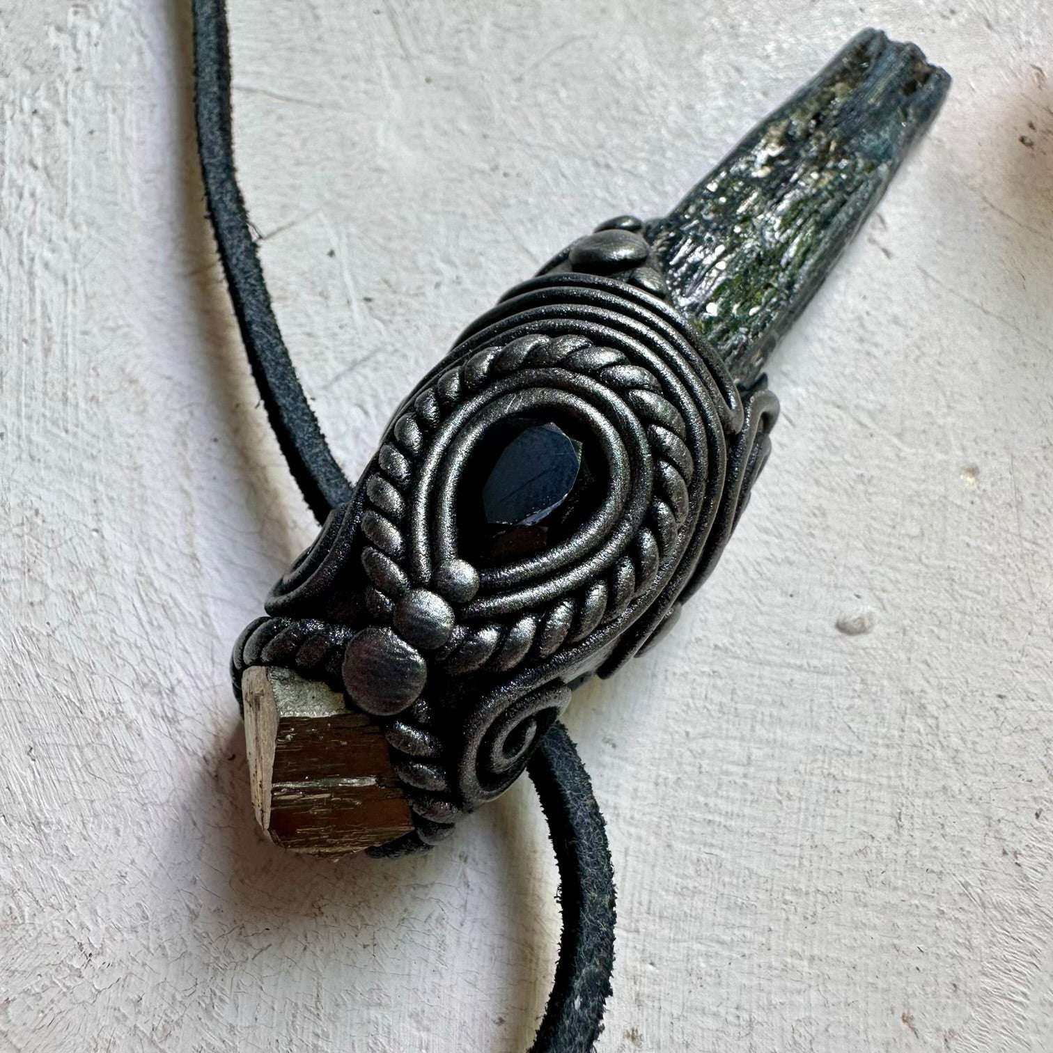 Blue Kyanite Pyrite and Smoky Quartz Small Wand / Pendant - FairyGardenGlow