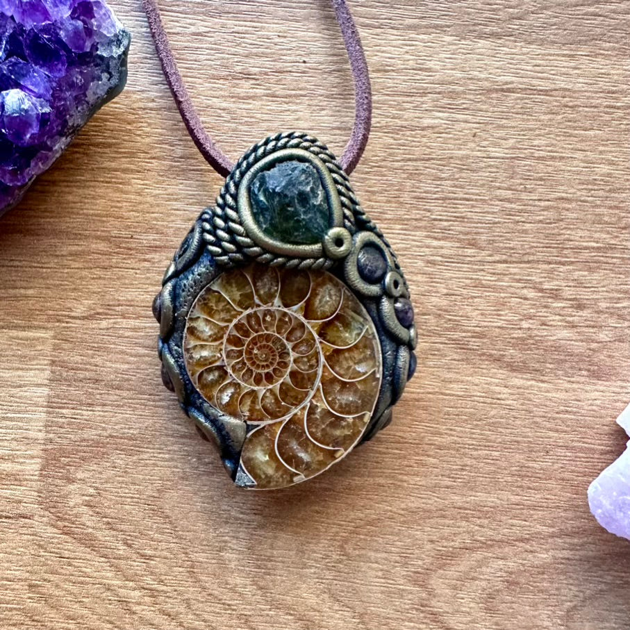 Ammonite Moldavite and Red Garnet Necklace - FairyGardenGlow