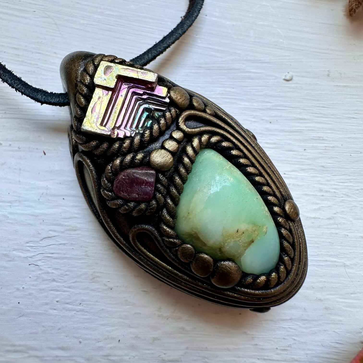 Chrysoprase Bismuth and Ruby Necklace - FairyGardenGlow