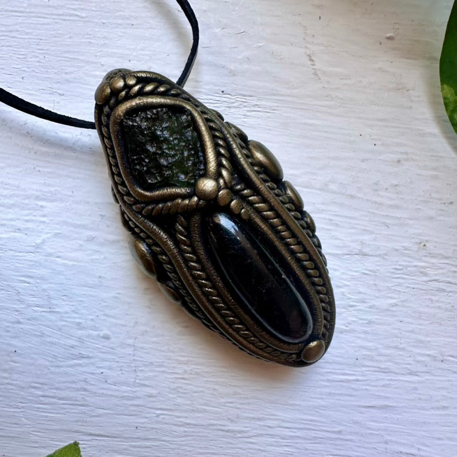 Black Tourmaline and Moldavite Necklace - FairyGardenGlow