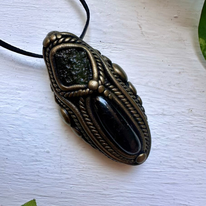 Black Tourmaline and Moldavite Necklace - FairyGardenGlow