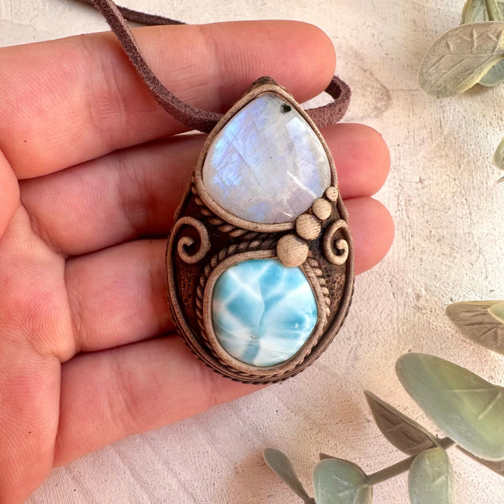 Healing stone necklace combining Larimar and Rainbow Moonstone