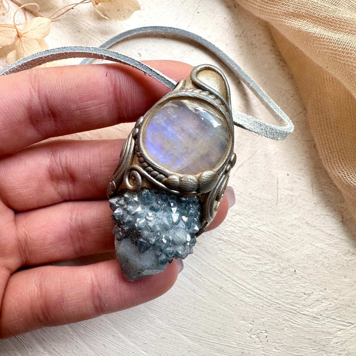 Aqua Aura Spirit Quartz and Moonstone Necklace - FairyGardenGlow