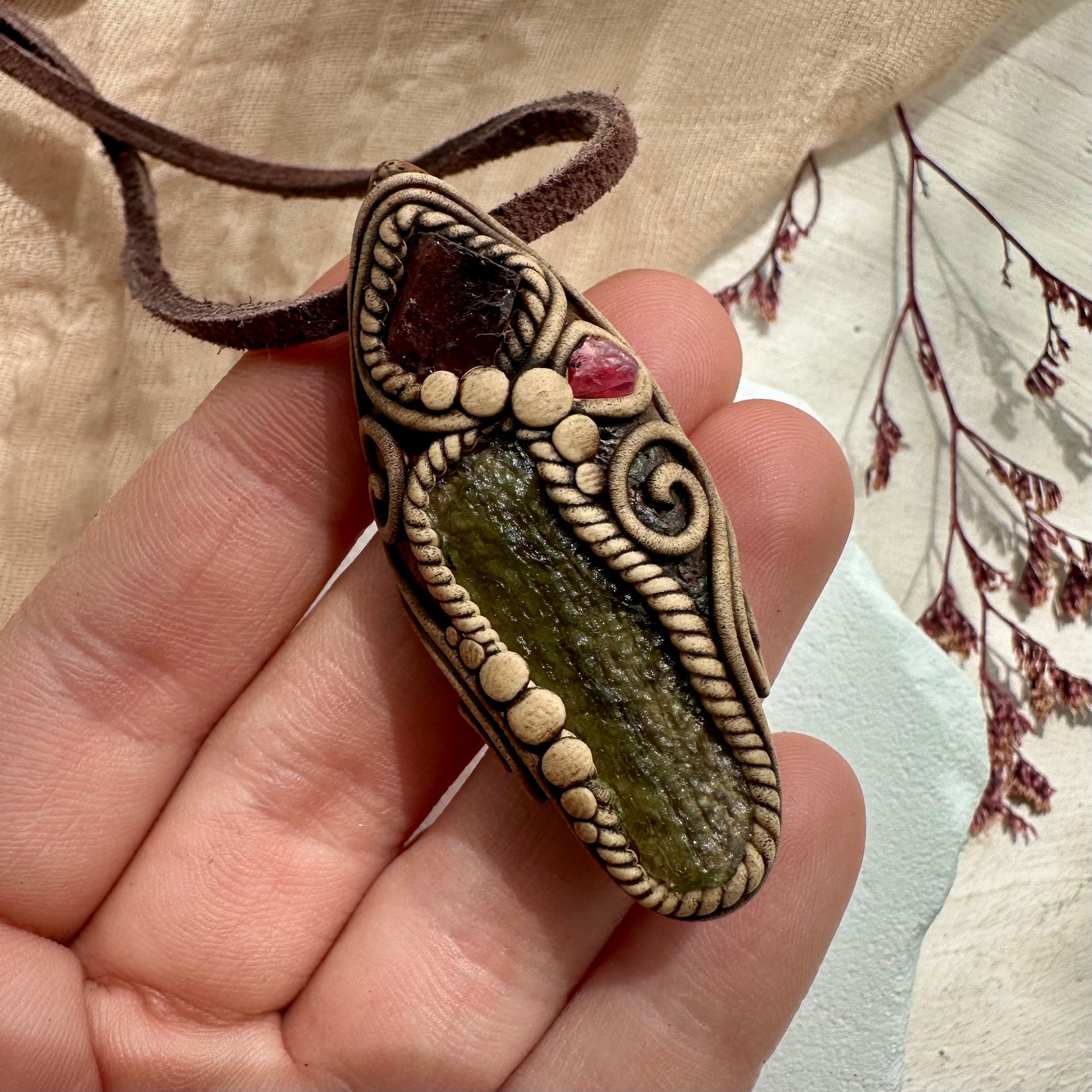 Moldavite Red Garnet and Spinel Necklace