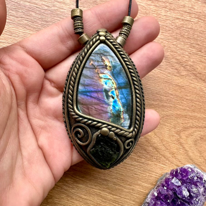 Purple Labradorite and Moldavite Necklace, Handmade Protection Amulet - FairyGardenGlow