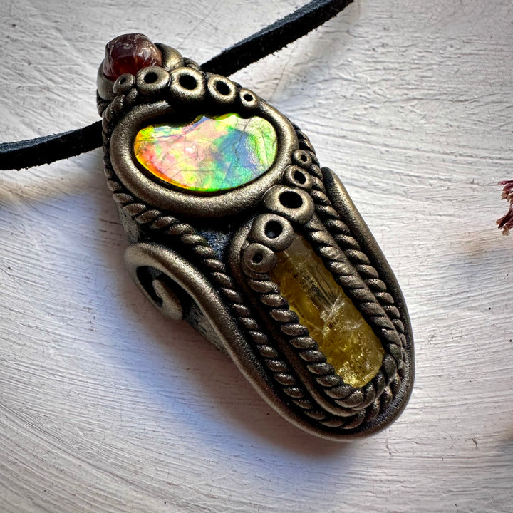 Ammolite Heliodor and Hessonite Garnet Necklace - FairyGardenGlow