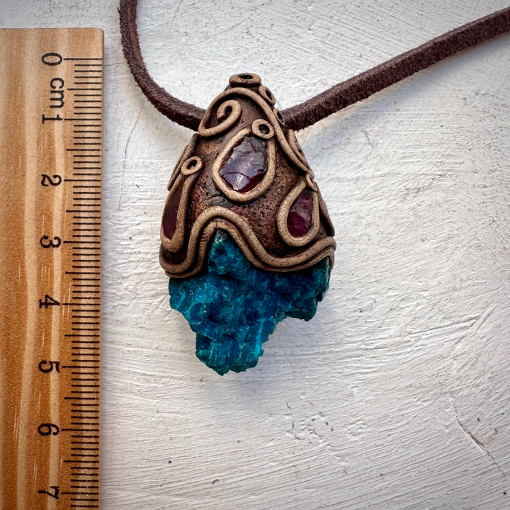 Raw Chrysocolla and Rhdololite Garnet Pendant Necklace - FairyGardenGlow