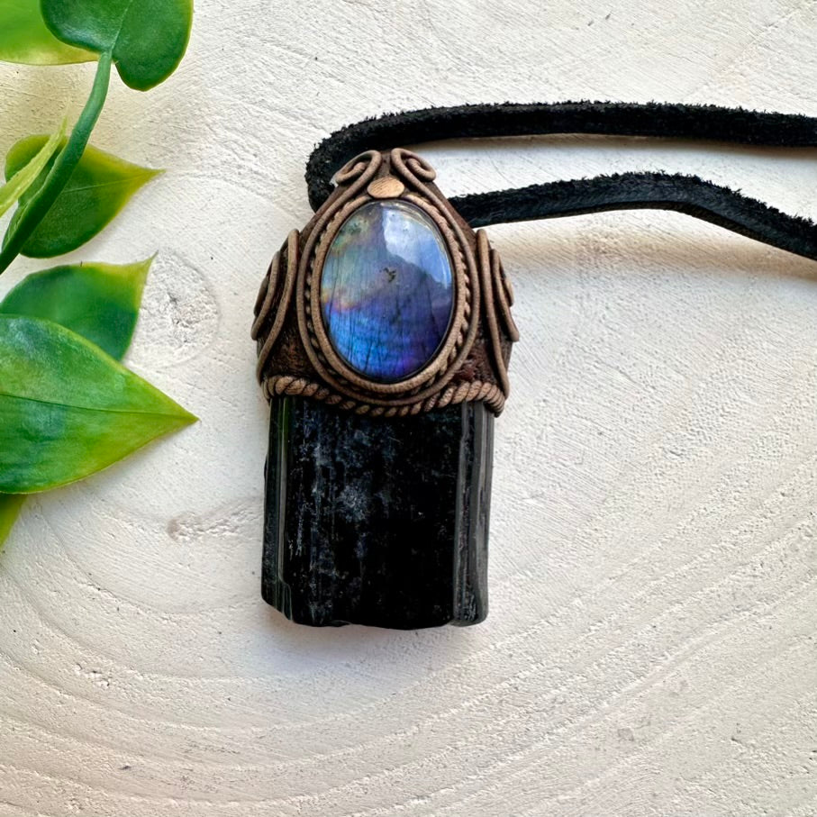 Polished Black Tourmaline and Labradorite Pendant Necklace