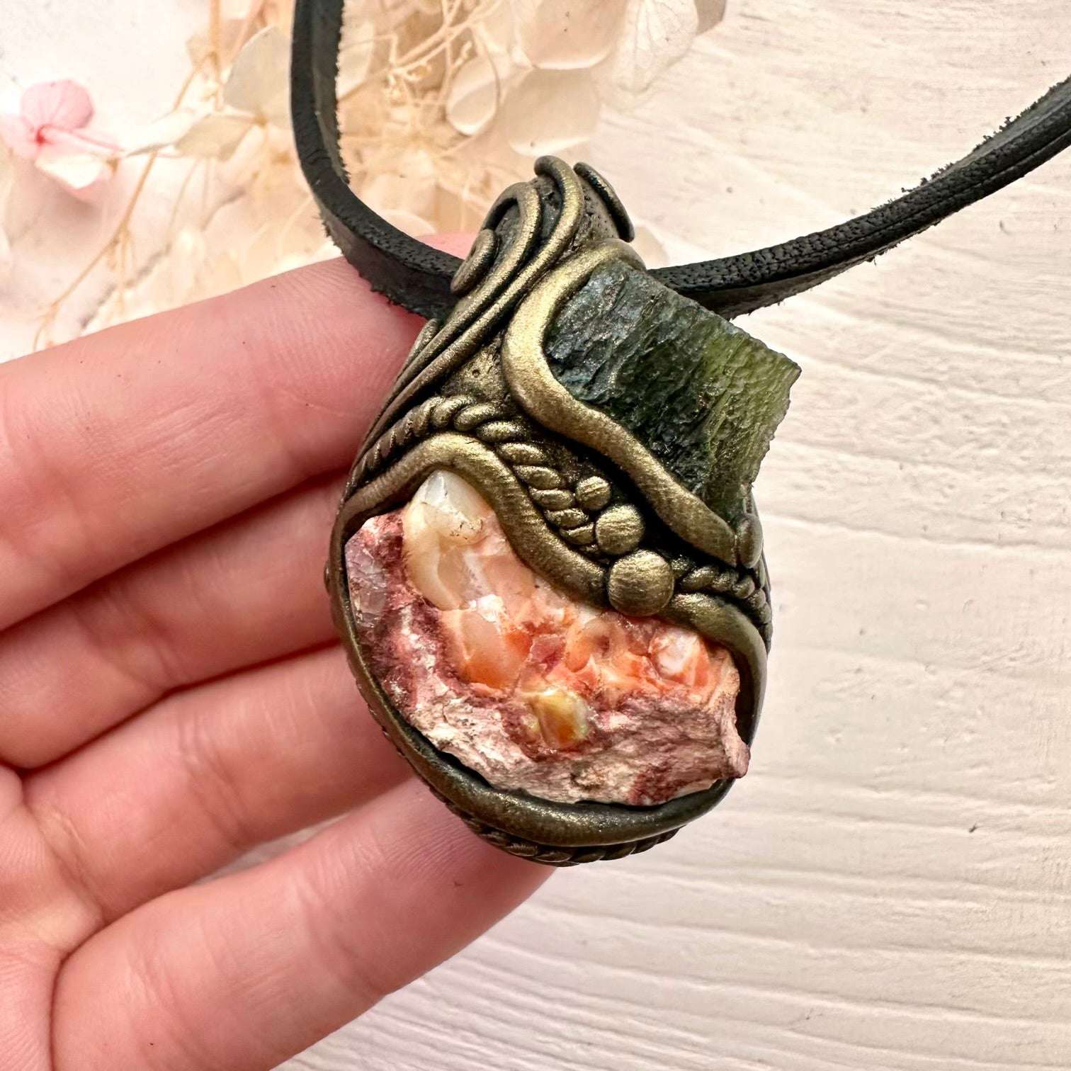Mexican Fire Opal and Moldavite Pendant Necklace - FairyGardenGlow