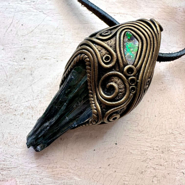 Vivianite and Boulder Opal Pendant - FairyGardenGlow