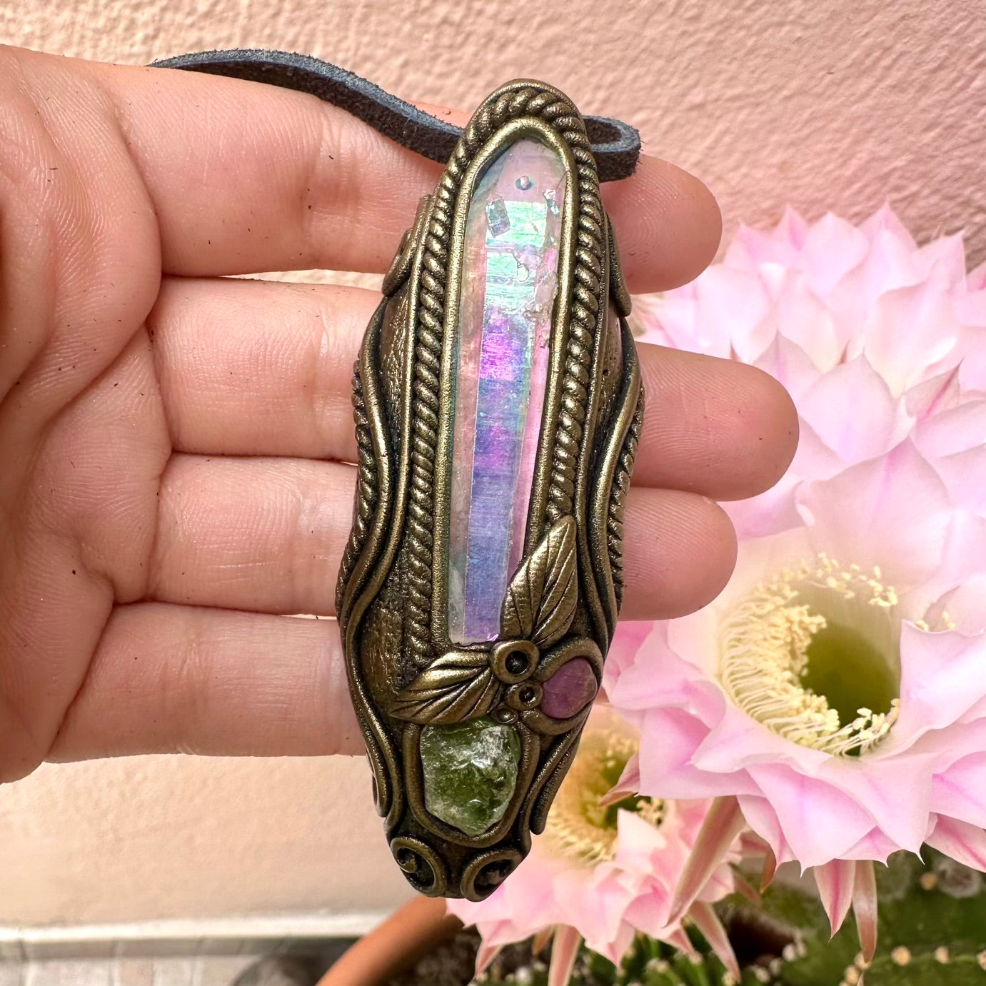 Angel Aura Quartz Raw Peridot and Ruby Necklace - FairyGardenGlow