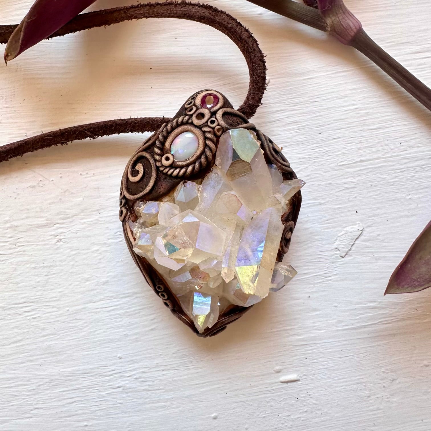 Angel Aura Quartz Cluster Australian Opal and Ruby Pendant Necklace - FairyGardenGlow
