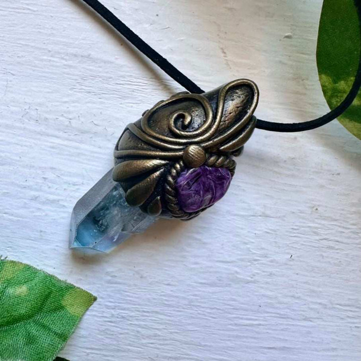 Aqua Aura Quartz and Charoite Necklace - FairyGardenGlow