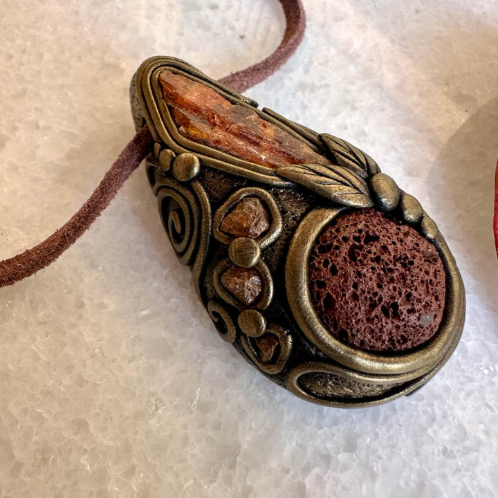 Red Lava Stone Orange Kyanite and Hessonite Garnet Necklace - FairyGardenGlow