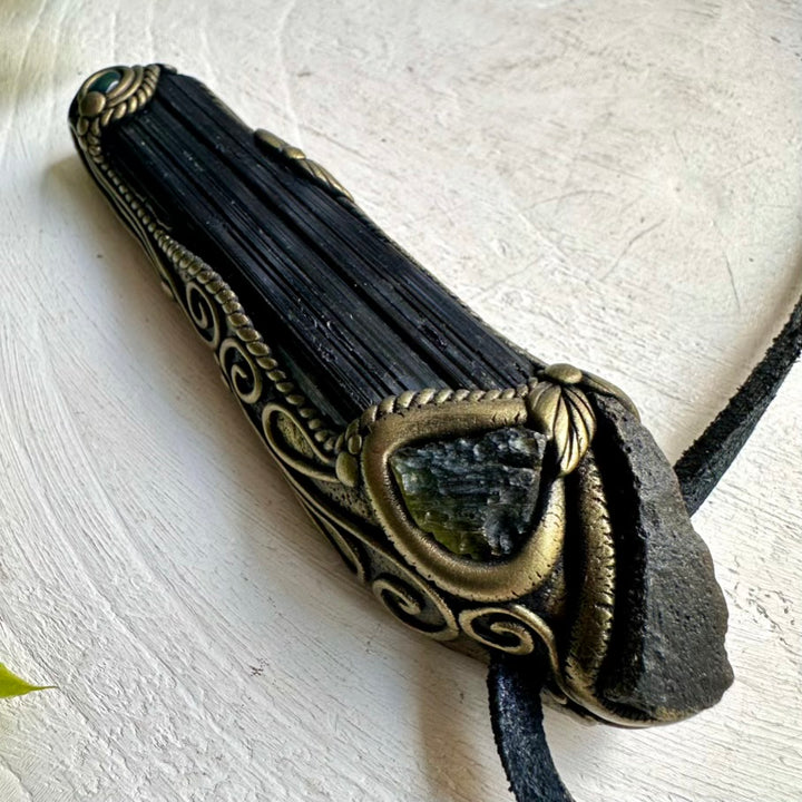 Spiritual Jewelry – Moldavite and Tourmaline Healing Crystal Wand for Strength