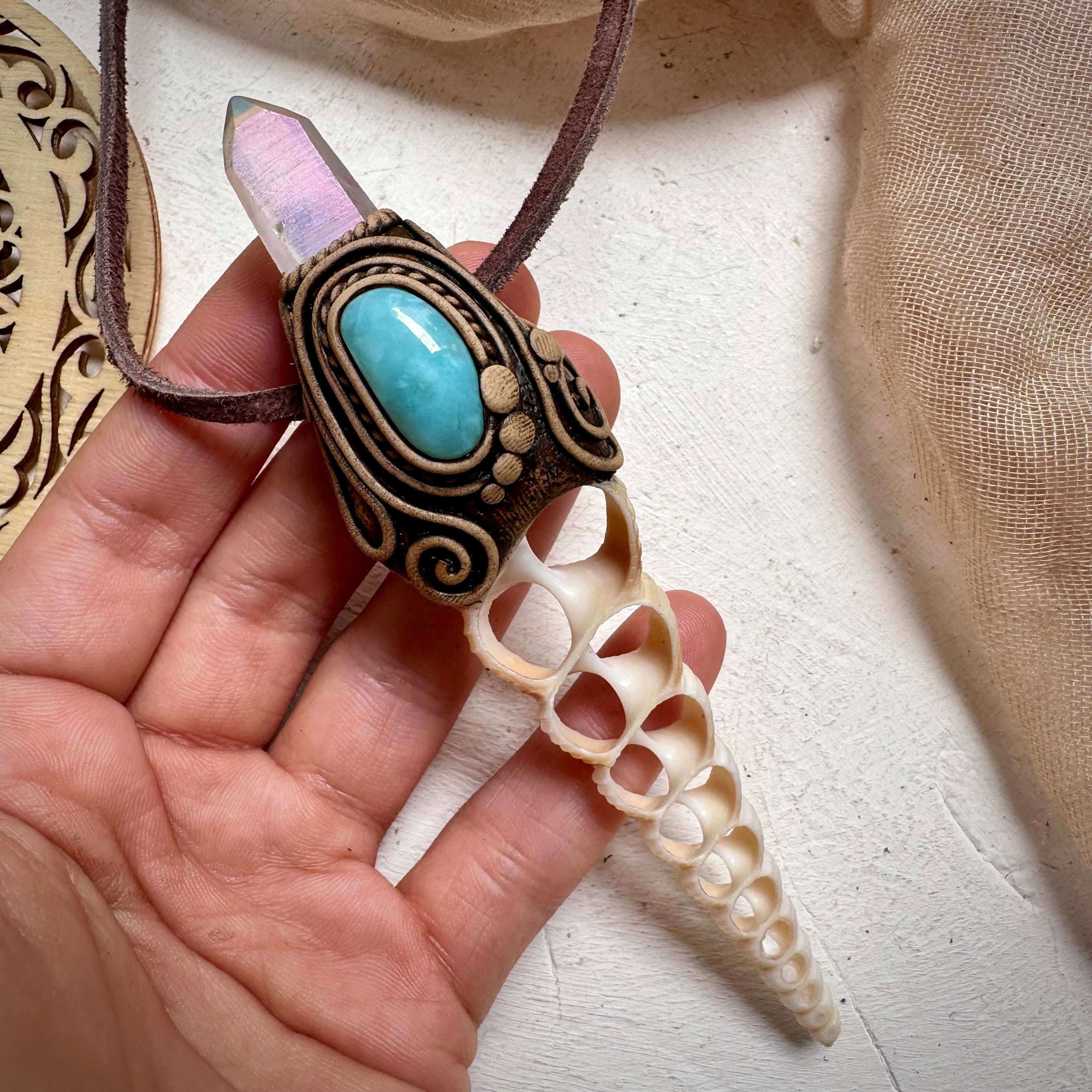 Seashell Slice Angel Aura Quartz and Larimar Necklace - FairyGardenGlow